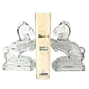 LE Smith Glass Horse Bookends Clear Equestrian Vintage MCM 8" tall Set of 2